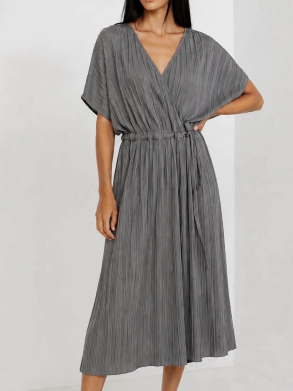 Paper Label - Grey Pleated V-Neck Midi Dress with Tie Waist
